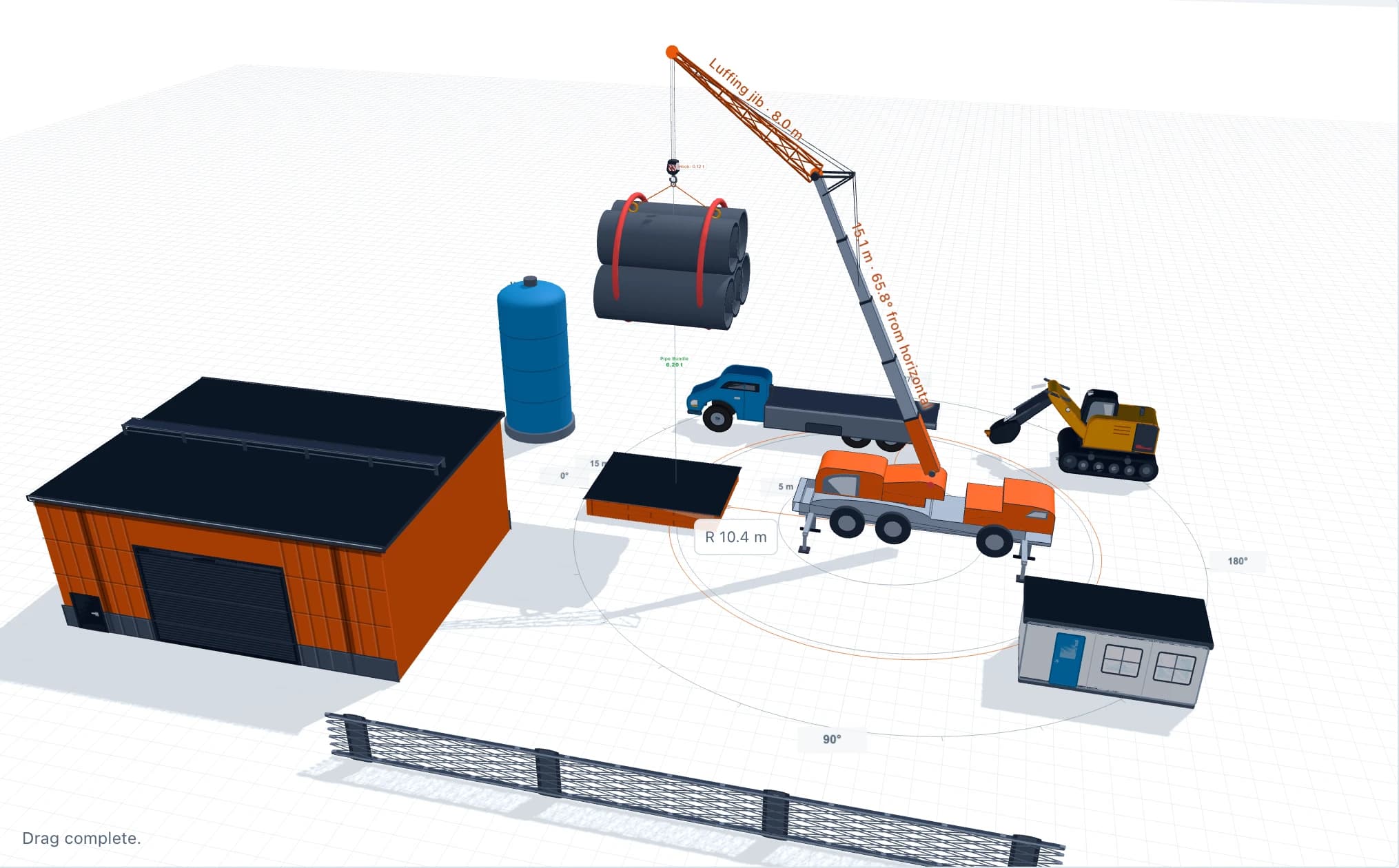 OutriggerPlan 3D workspace with a suspended pipe bundle, delivery truck, warehouse, silo and excavator