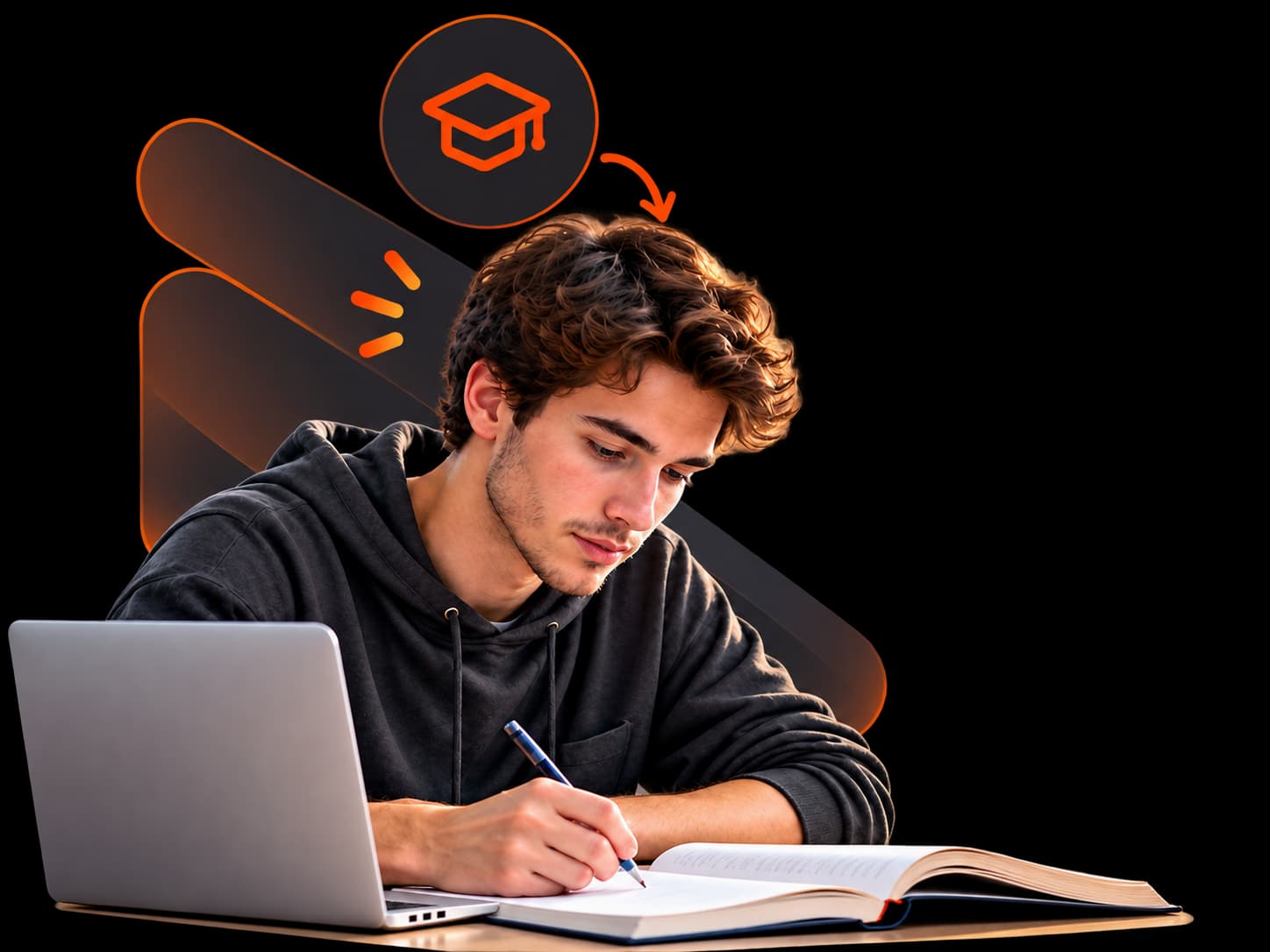 Student learning crane load charts with laptop and workbook