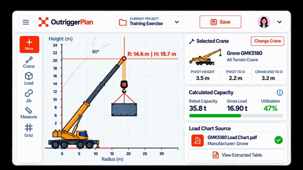 OutriggerPlan training exercise workspace with live load chart calculations